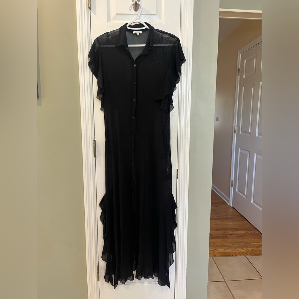Weston Elegant Black Button-Down Ruffle See through Dress Small bin3